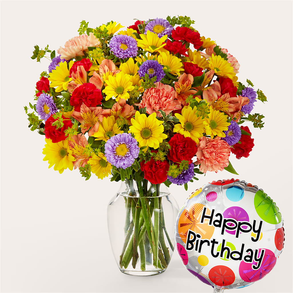 Kaleidoscope Bouquet with Birthday Balloon – MOSER'S SUPERMARKET, Columbia MO
