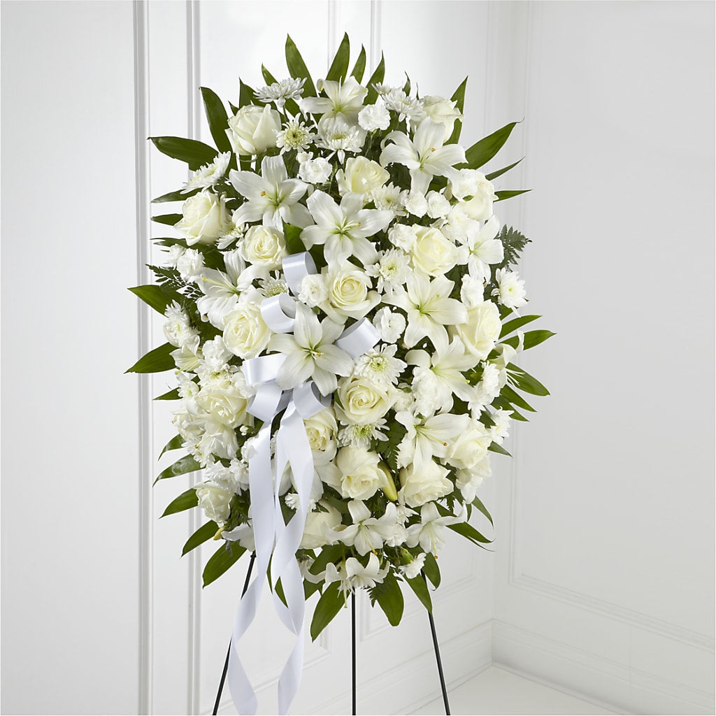Exquisite Tribute Standing Spray-White Ribbon – MOSER'S SUPERMARKET, Columbia MO